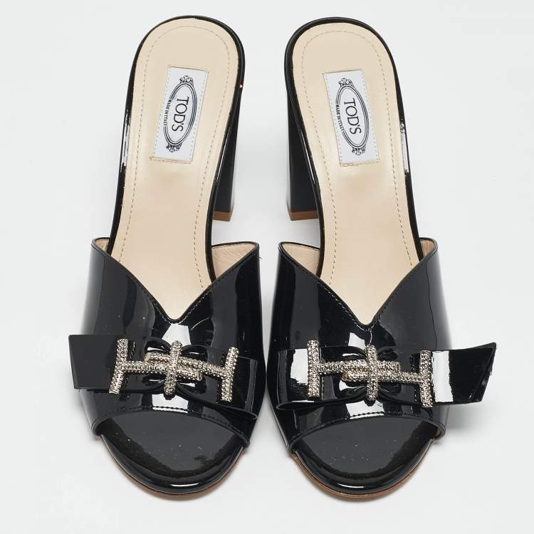 Pre Owned Tod's Black Patent Leather Double T Embellished Slide Sandals Size 40