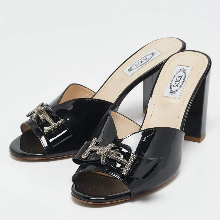 Pre Owned Tod's Black Patent Leather Double T Embellished Slide Sandals Size 40