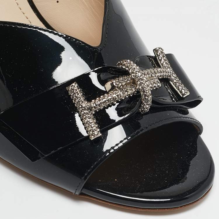 Pre Owned Tod's Black Patent Leather Double T Embellished Slide Sandals Size 40