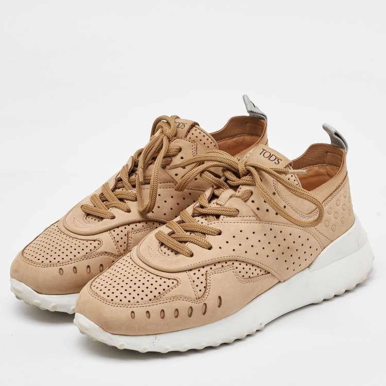 Pre Owned Tod's Beige Nubuck Leather Perforated Sportivo Low Top Sneakers Size 37.5