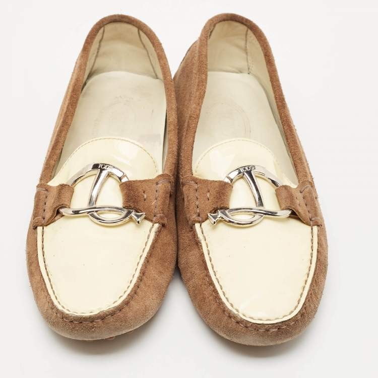 Pre Owned Tod's Brown/Cream Suede and Patent Leather Slip On Loafers Size 40