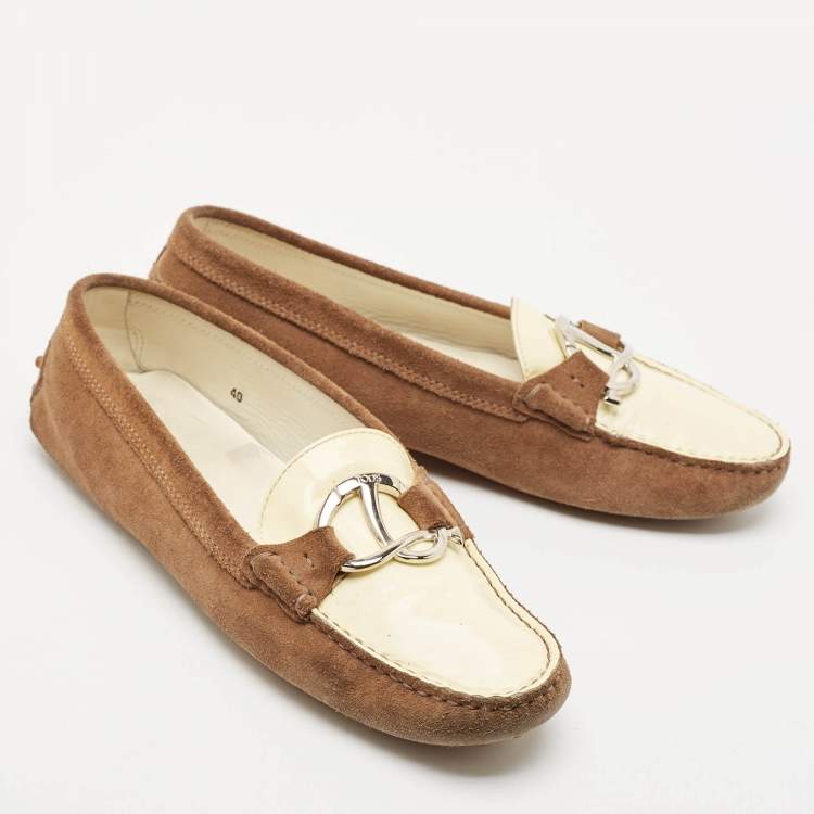 Pre Owned Tod's Brown/Cream Suede and Patent Leather Slip On Loafers Size 40