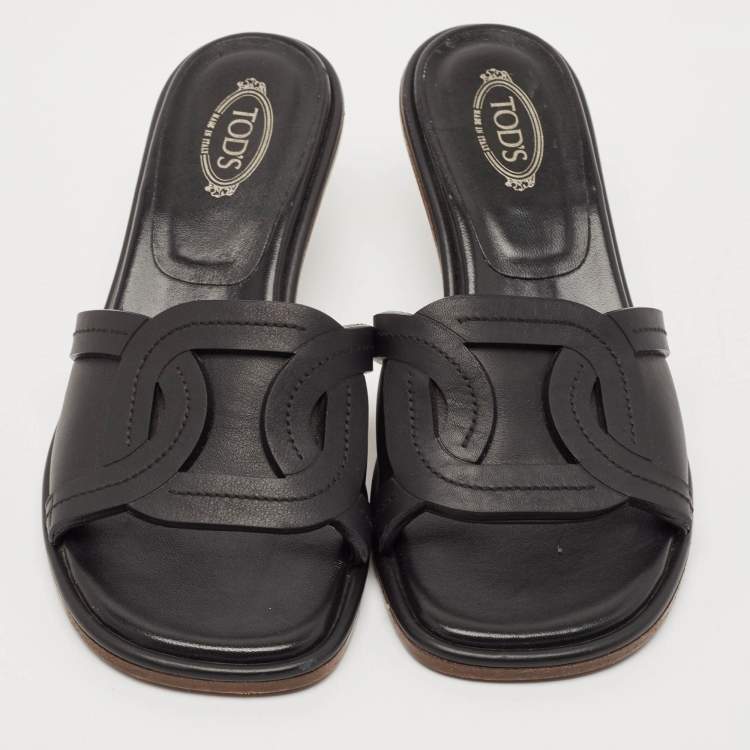 Pre Owned Tod's Black Leather Slide Sandals Size 37