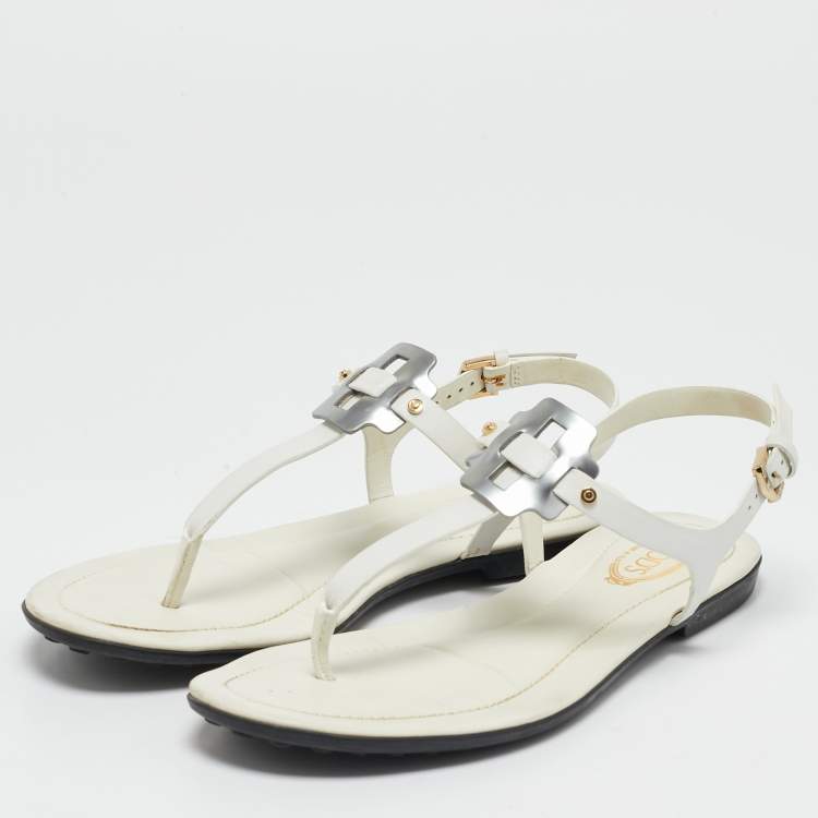 Pre Owned Tod's White Leather Thong Slingback Flat Sandals Size 35