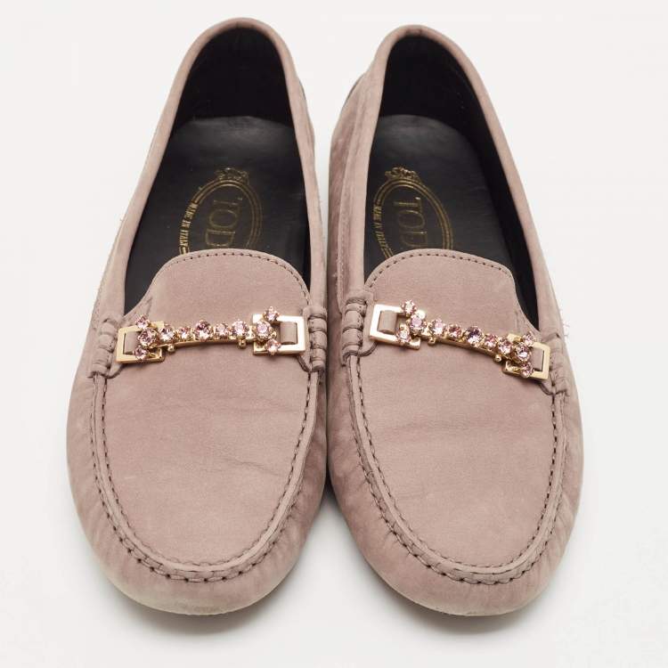 Pre Owned Tod's Beige Suede Crystal Embellished Slip On Penny Loafers Size 39.5
