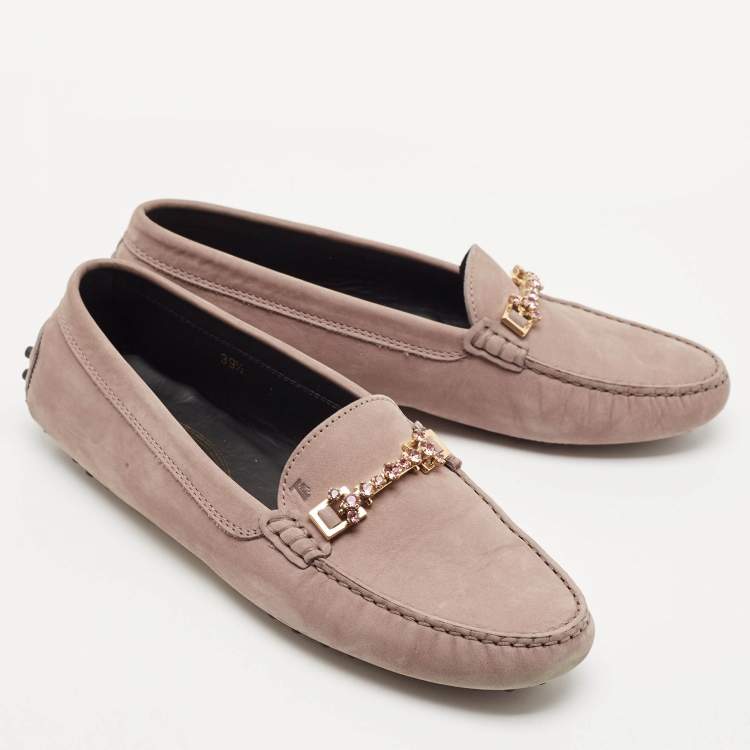 Pre Owned Tod's Beige Suede Crystal Embellished Slip On Penny Loafers Size 39.5