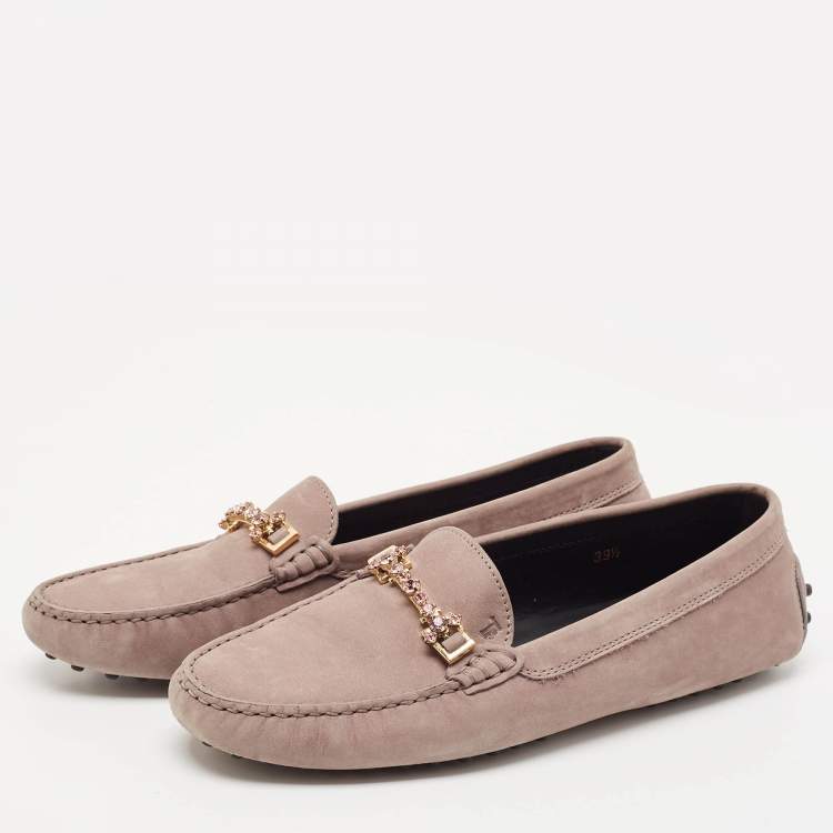 Pre Owned Tod's Beige Suede Crystal Embellished Slip On Penny Loafers Size 39.5