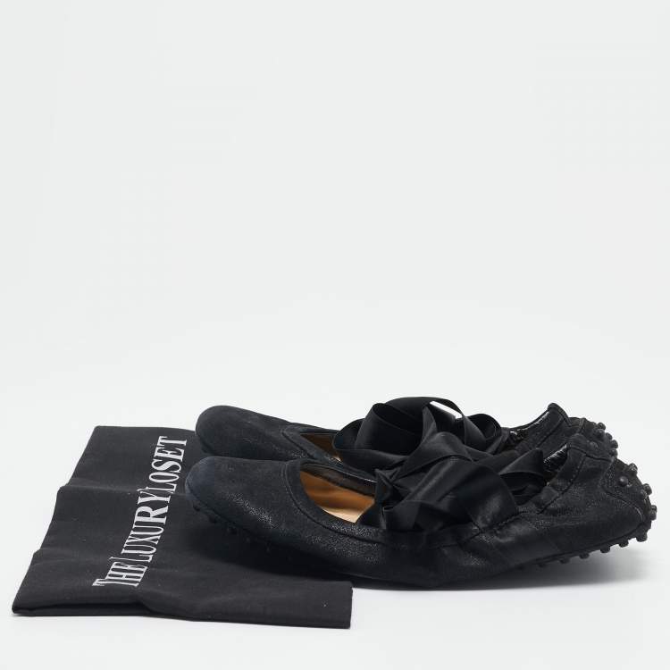 Pre Owned Tod's Black Suede Scrunch Ribbon Ballet Flats Size 38.5