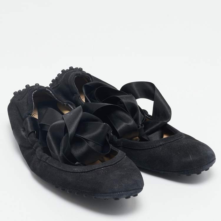 Pre Owned Tod's Black Suede Scrunch Ribbon Ballet Flats Size 38.5