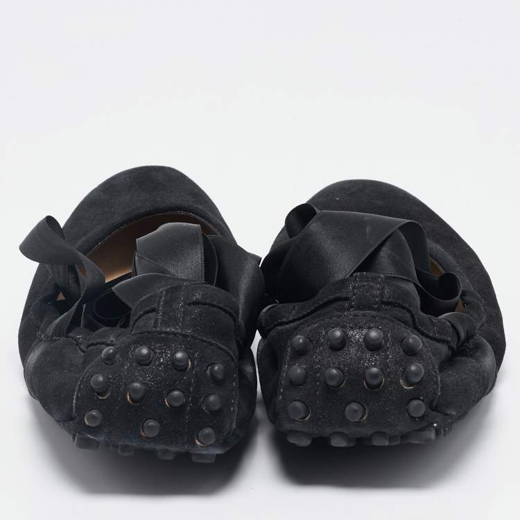 Pre Owned Tod's Black Suede Scrunch Ribbon Ballet Flats Size 38.5