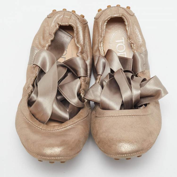 Pre Owned Tod's Metallic Bronze Nubuck Leather Scrunch Ribbon Ballet Flats Size 39