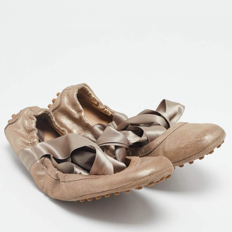 Pre Owned Tod's Metallic Bronze Nubuck Leather Scrunch Ribbon Ballet Flats Size 39