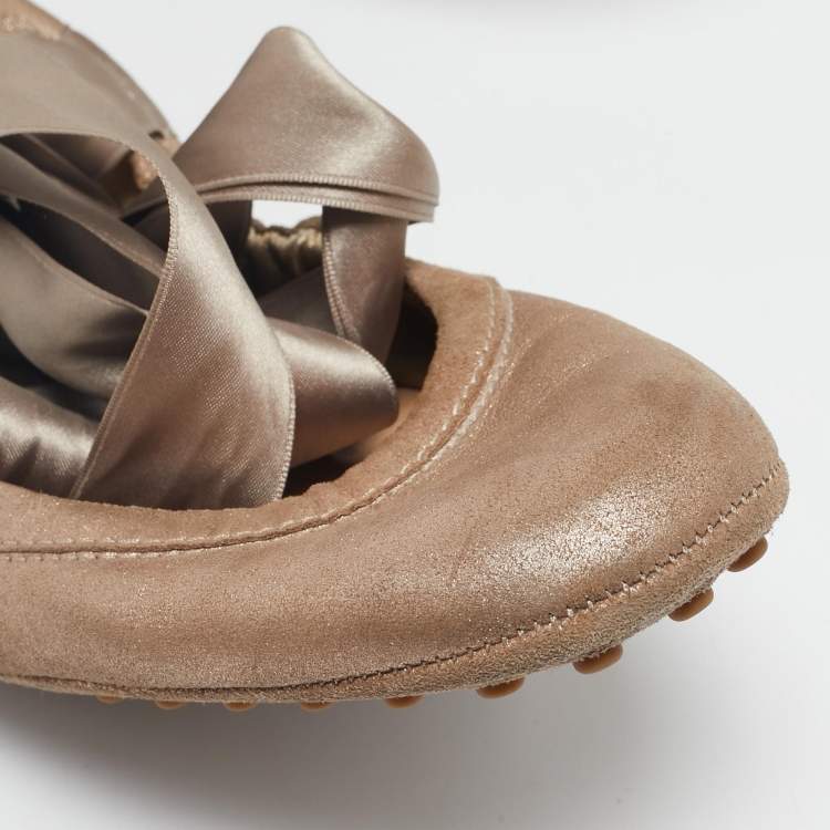 Pre Owned Tod's Metallic Bronze Nubuck Leather Scrunch Ribbon Ballet Flats Size 39
