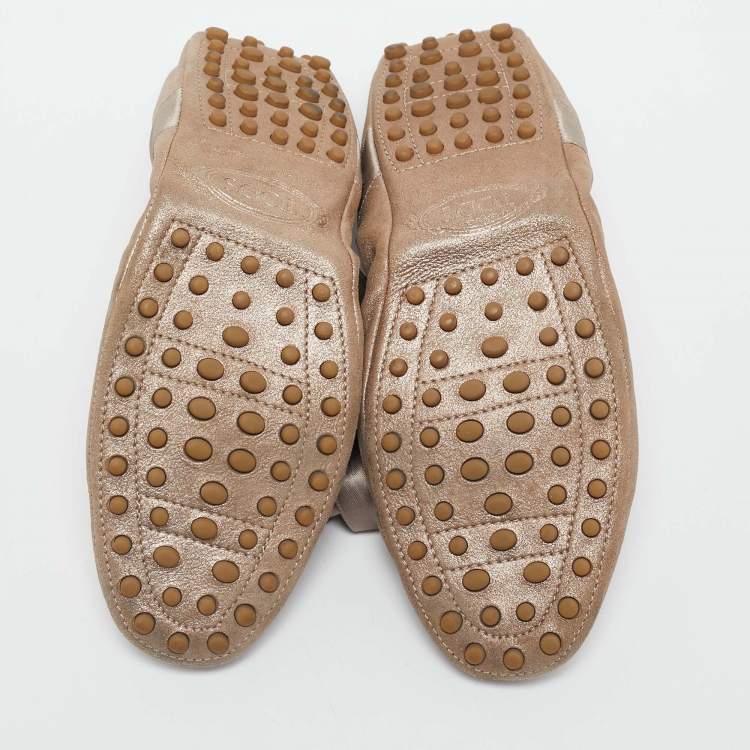 Pre Owned Tod's Metallic Bronze Nubuck Leather Scrunch Ribbon Ballet Flats Size 39