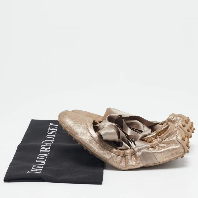 Pre Owned Tod's Metallic Bronze Nubuck Leather Scrunch Ribbon Ballet Flats Size 39