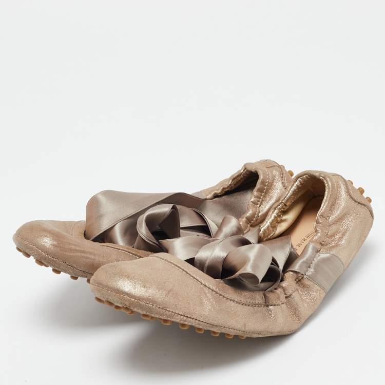 Pre Owned Tod's Metallic Bronze Nubuck Leather Scrunch Ribbon Ballet Flats Size 39