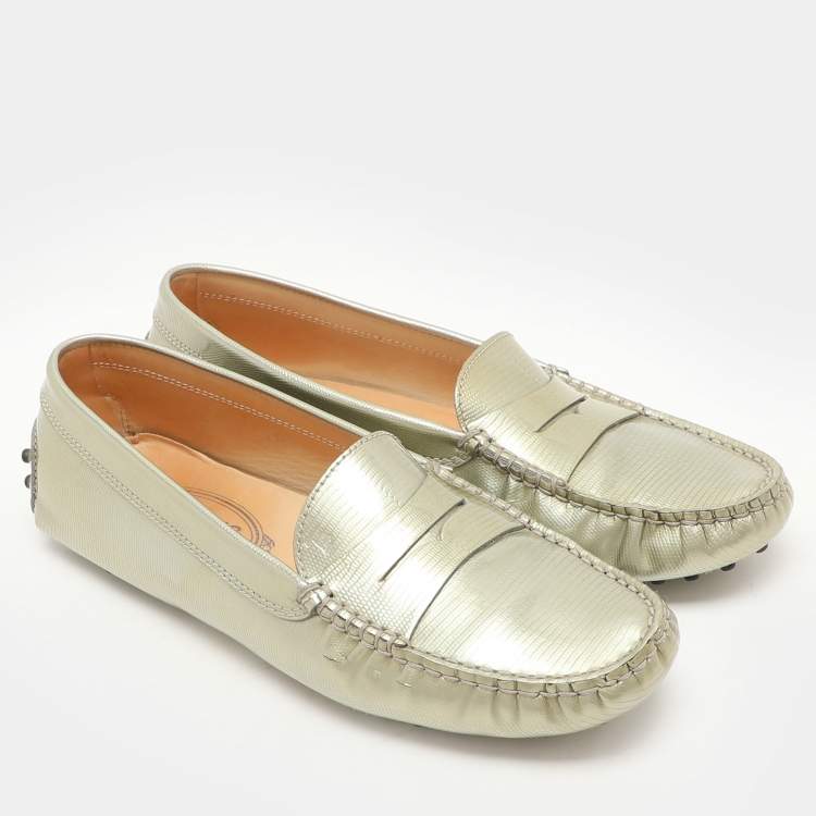 Pre Owned Tod's Grey Leather Gommino Slip On Loafers Size 37.5