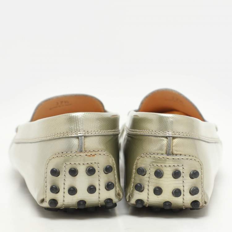 Pre Owned Tod's Grey Leather Gommino Slip On Loafers Size 37.5