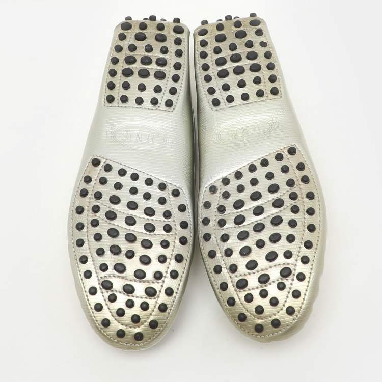 Pre Owned Tod's Grey Leather Gommino Slip On Loafers Size 37.5