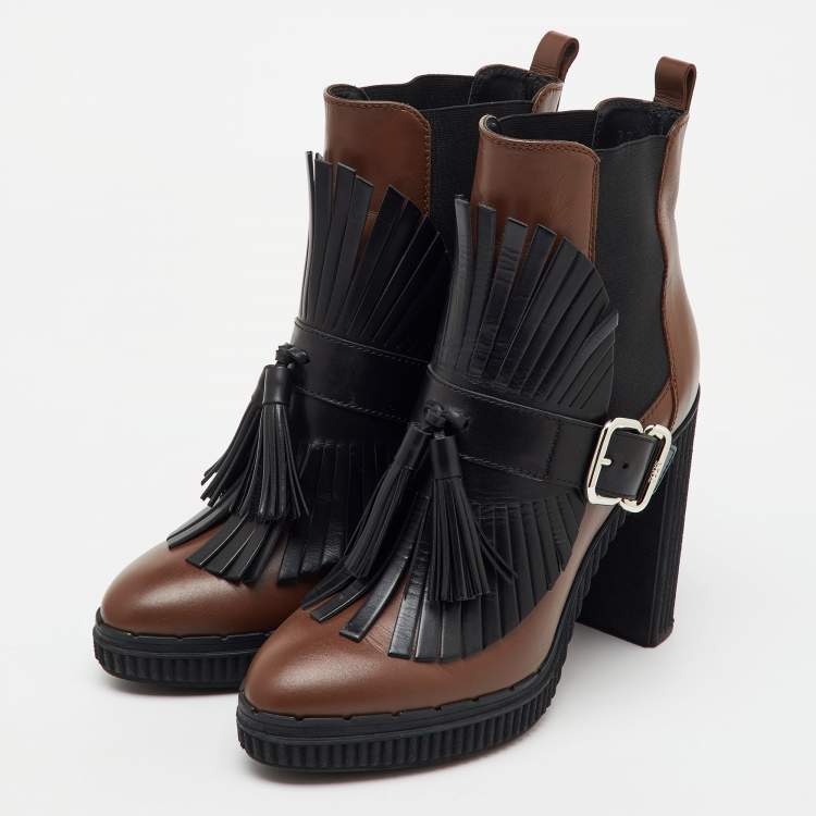 Pre Owned Tod's Brown/Black Leather Tassel Ankle Length Boots Size 37