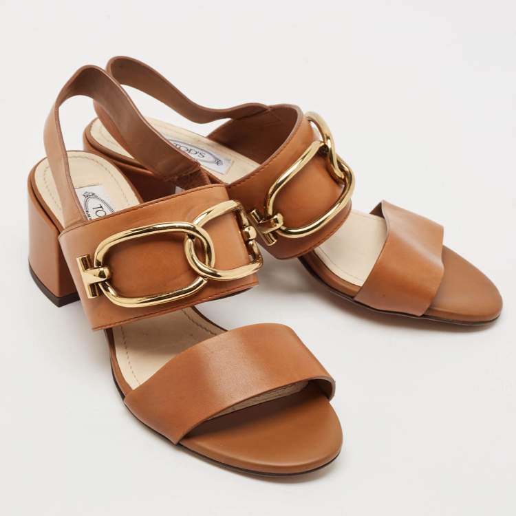 Pre Owned Tod's Brown Leather Slingback Block Heel Sandals Size 37
