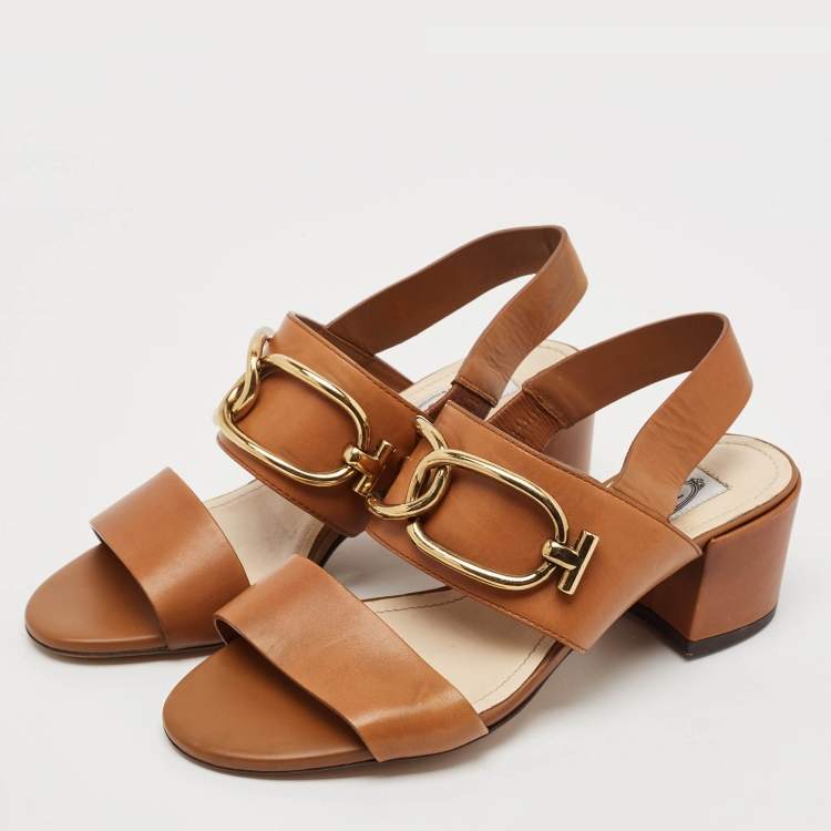 Pre Owned Tod's Brown Leather Slingback Block Heel Sandals Size 37