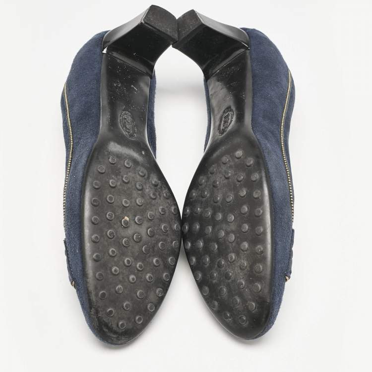 Pre Owned Tod's Navy Blue Suede Block Heel Pumps Size 38.5