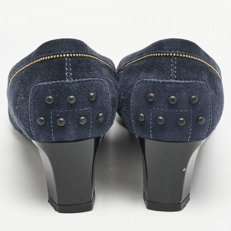 Pre Owned Tod's Navy Blue Suede Block Heel Pumps Size 38.5
