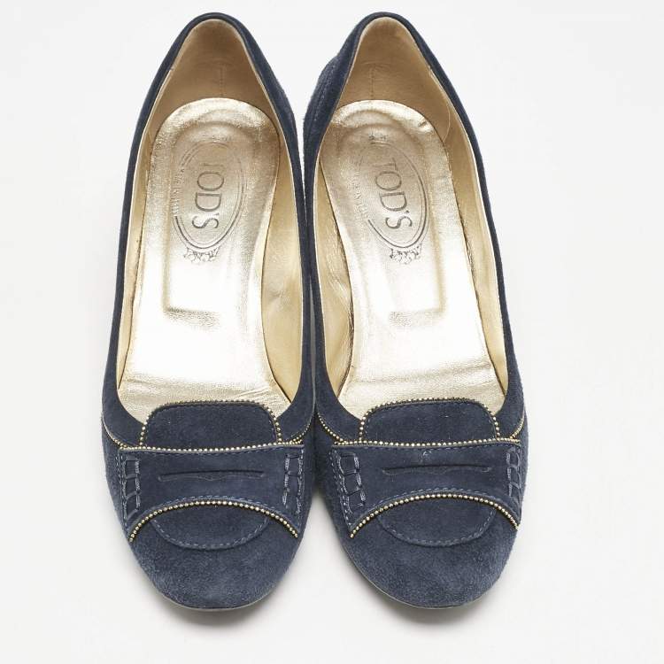 Pre Owned Tod's Navy Blue Suede Block Heel Pumps Size 38.5