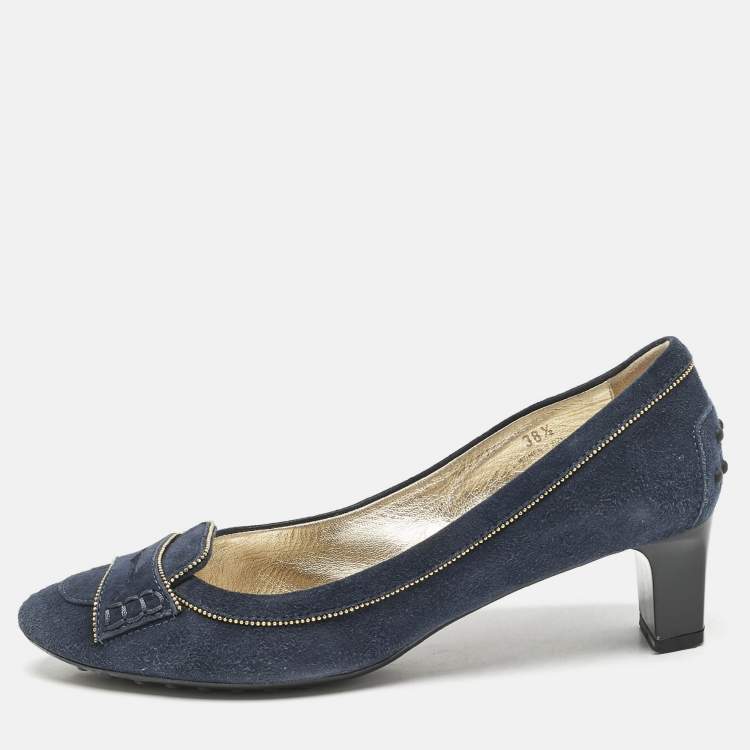 Pre Owned Tod's Navy Blue Suede Block Heel Pumps Size 38.5