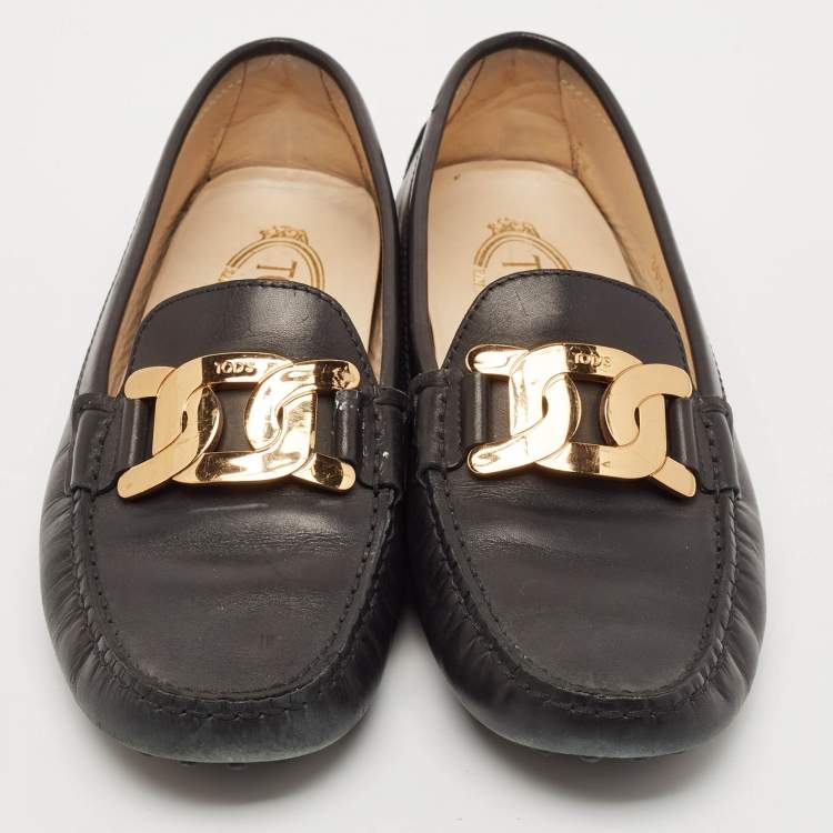Pre Owned Tod's Black Leather Bow Slip On Loafers Size 39.5