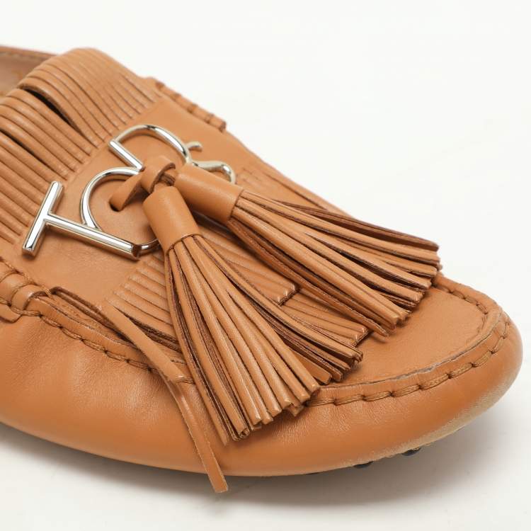 Pre Owned Tod's Brown Leather Tassel Logo Embellished Loafers Size 37.5