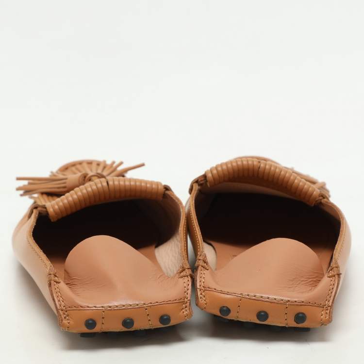 Pre Owned Tod's Brown Leather Tassel Logo Embellished Loafers Size 37.5
