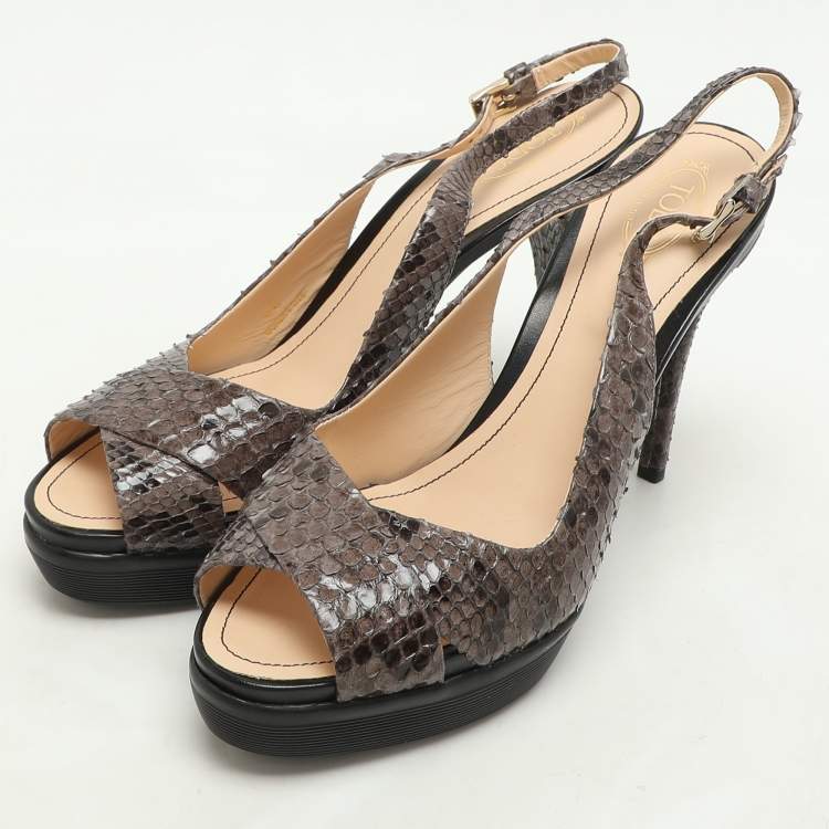 Pre Owned Tod's Brown/Grey Python Slingback Platform Pumps Size 40