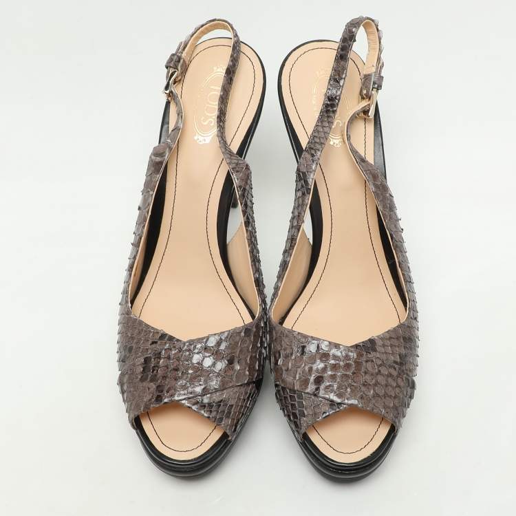Pre Owned Tod's Brown/Grey Python Slingback Platform Pumps Size 40