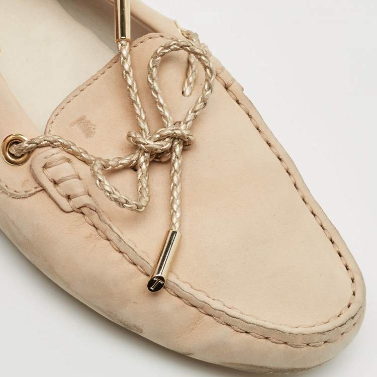 Pre Owned Tod's Beige Nubuck Leather Tied Lace Loafers Size 37