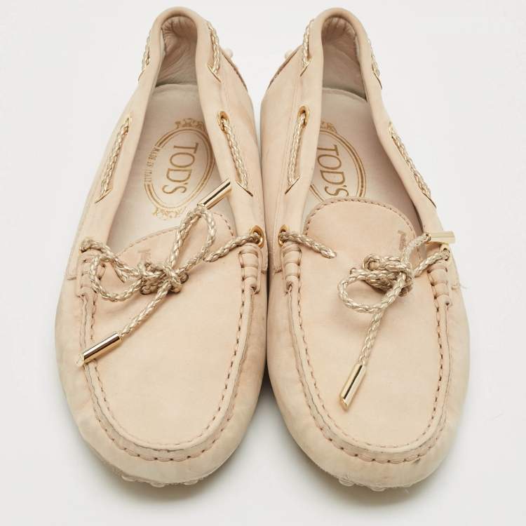 Pre Owned Tod's Beige Nubuck Leather Tied Lace Loafers Size 37
