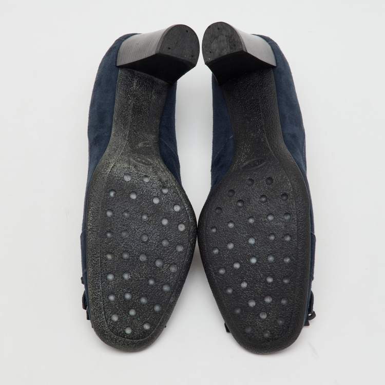 Pre Owned Tod's Navy Blue Suede Tassel Bow Round Toe Pumps Size 39.5