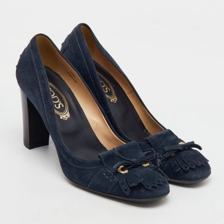 Pre Owned Tod's Navy Blue Suede Tassel Bow Round Toe Pumps Size 39.5