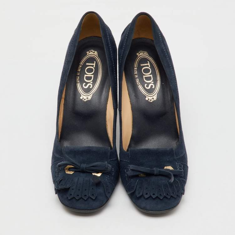 Pre Owned Tod's Navy Blue Suede Tassel Bow Round Toe Pumps Size 39.5