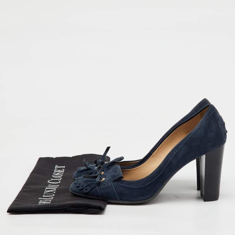Pre Owned Tod's Navy Blue Suede Tassel Bow Round Toe Pumps Size 39.5