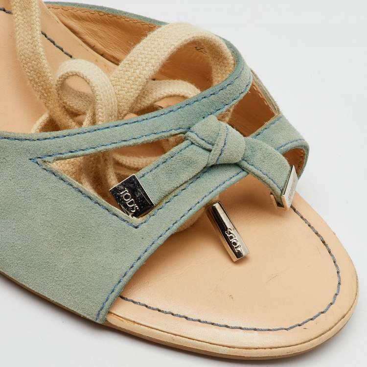 Pre Owned Tod's Pale Blue Suede Ankle Wrap Wedge Sandals Size 39