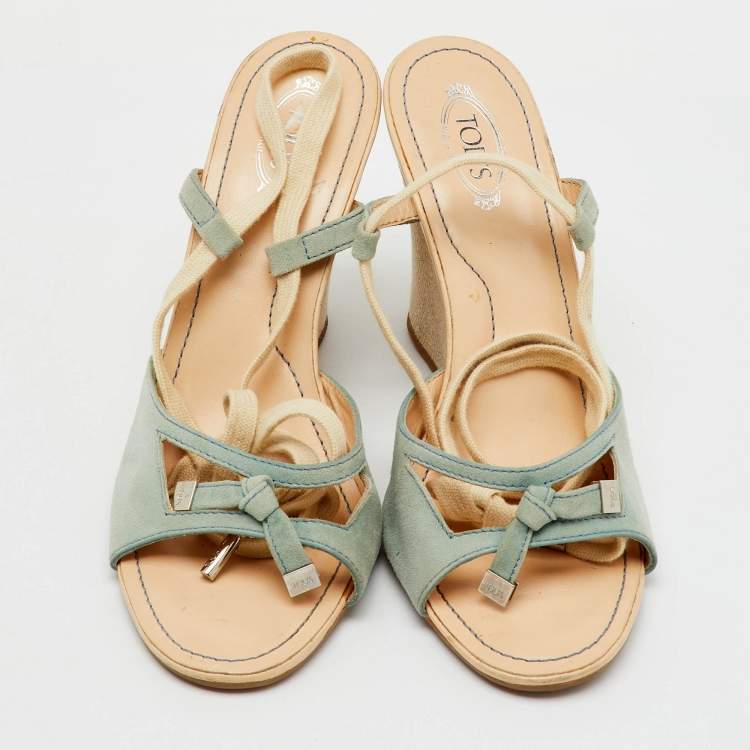 Pre Owned Tod's Pale Blue Suede Ankle Wrap Wedge Sandals Size 39