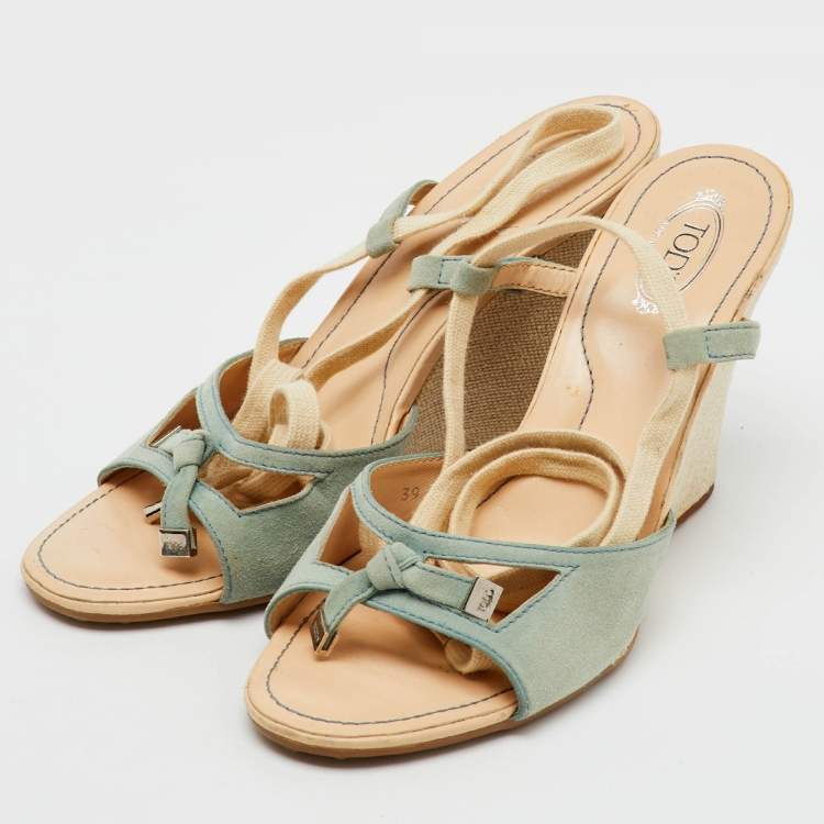 Pre Owned Tod's Pale Blue Suede Ankle Wrap Wedge Sandals Size 39