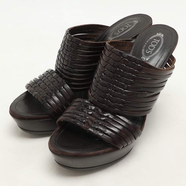 Pre Owned Tod's Brown Leather Platform Slide Sandals Size 36.5