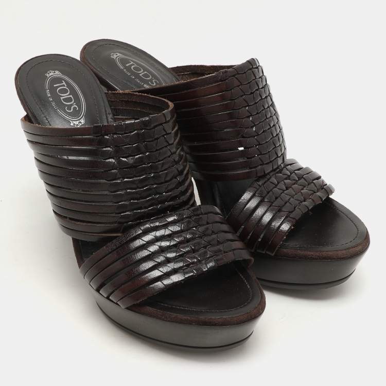 Pre Owned Tod's Brown Leather Platform Slide Sandals Size 36.5