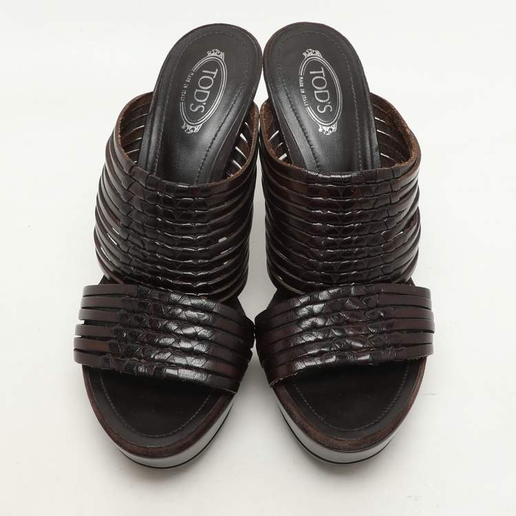 Pre Owned Tod's Brown Leather Platform Slide Sandals Size 36.5