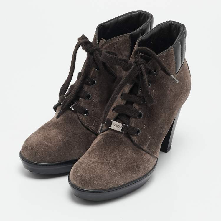 Pre Owned Tod's Brown Suede and Leather Lace Up Ankle Boots Size 36