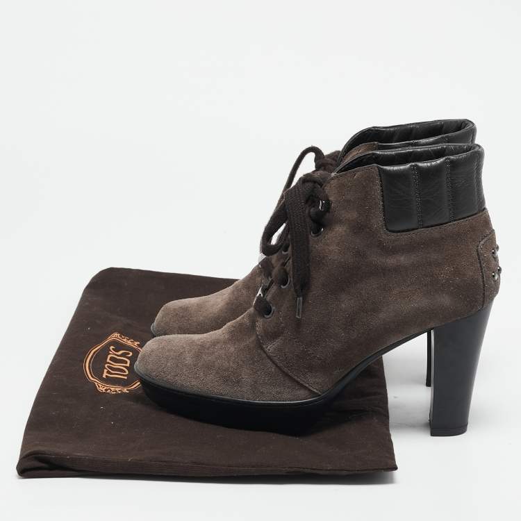 Pre Owned Tod's Brown Suede and Leather Lace Up Ankle Boots Size 36