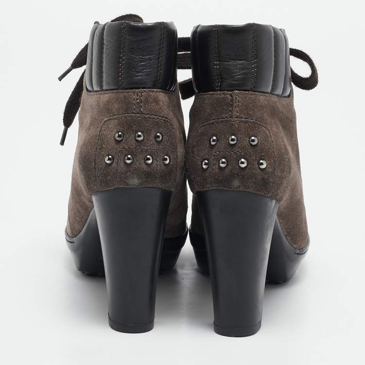 Pre Owned Tod's Brown Suede and Leather Lace Up Ankle Boots Size 36